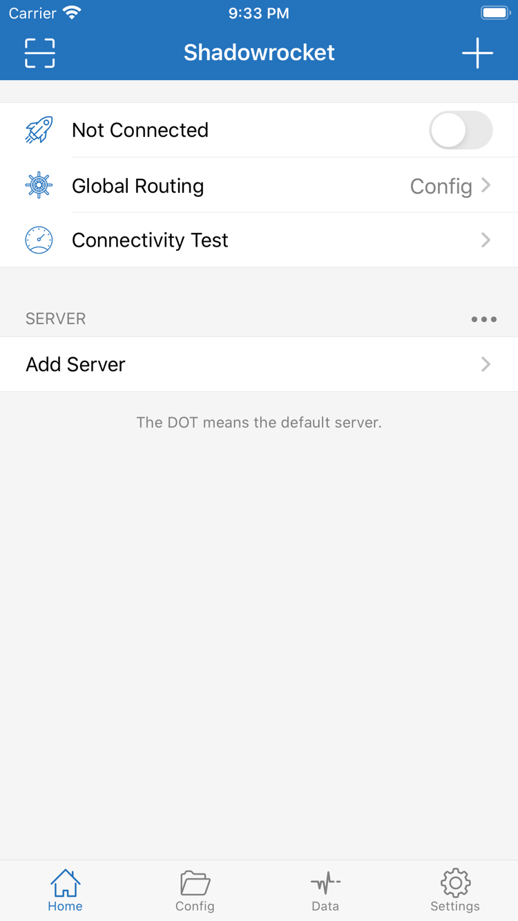 Shadowrocket Home 공식 스크린샷: Not Connected 스위치, Global Routing, Connectivity Test, SERVER 및 Add Server 표시