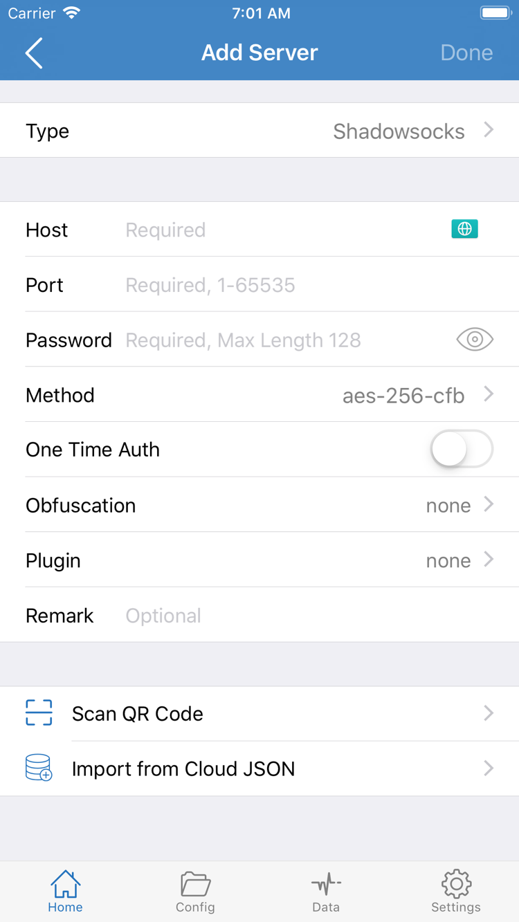 Shadowrocket Add Server 공식 스크린샷: Type, Host, Port, Password, Method 및 가져오기 메뉴 표시