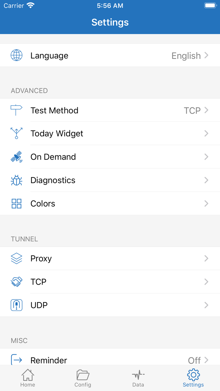Shadowrocket Settings 공식 스크린샷: Language, Test Method, Today Widget, On Demand, Diagnostics, Proxy, TCP 및 UDP 표시